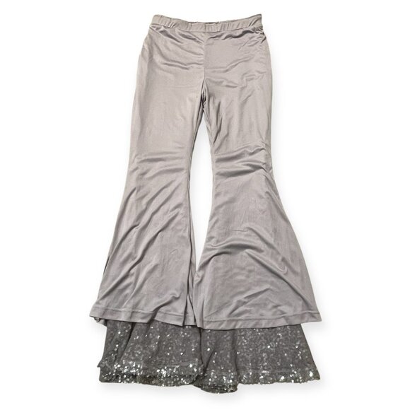 Avec Les Filles Silver Sequin Flare Pants M High Waist Party Glam Stretch Lined - Picture 3 of 9